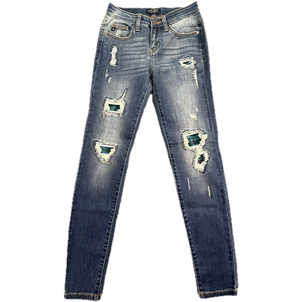 Judy Blue Skinny Jeans Womens 3/26 Blue Distressed Plaid‎ Patch JB82140DK